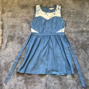 Monteau polka dot chambray dress with lace EUC